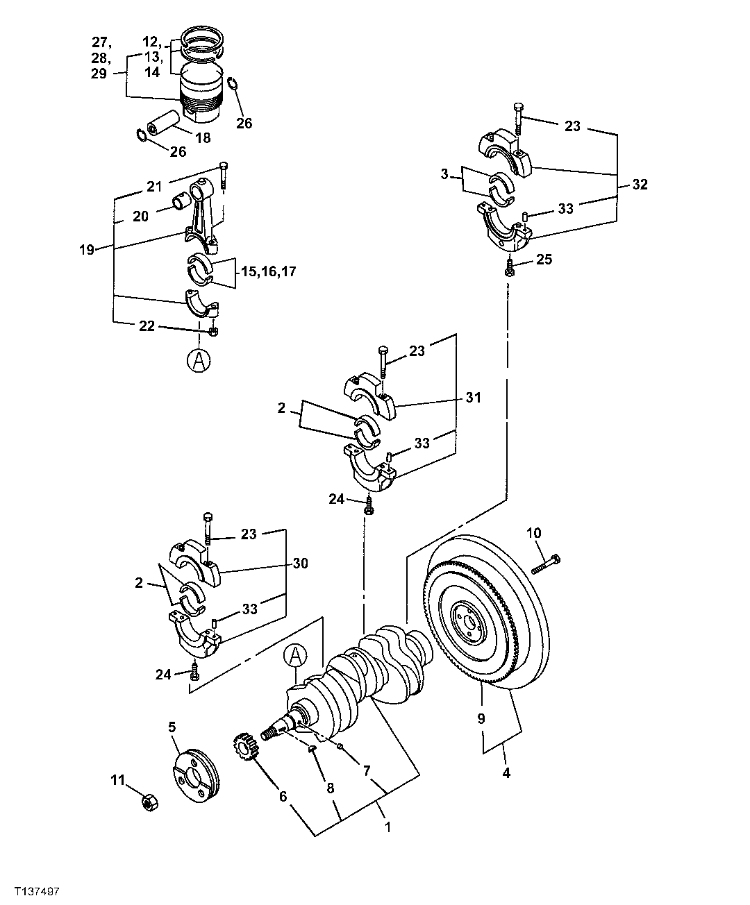 Схема запчастей John Deere 7ZTS - 16 - CRANKSHAFT, PISTON AND FLYWHEEL 0401 CRANKSHAFT AND MAIN BEARINGS