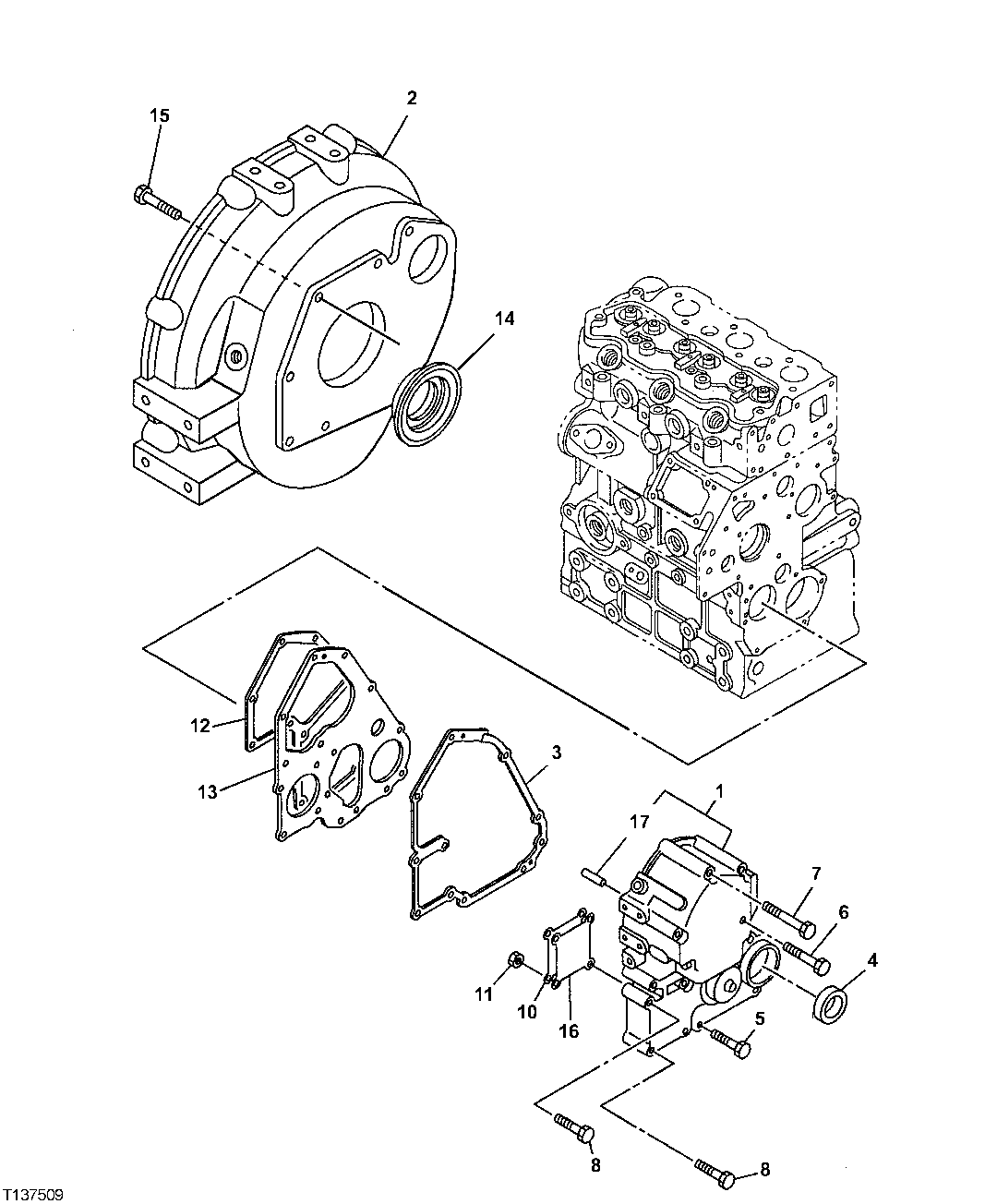 Схема запчастей John Deere 7ZTS - 37 - TIMING GEAR CASE AND FLYWHEEL HOUSING 0433 FLYWHEEL, HOUSING AND FASTENINGS