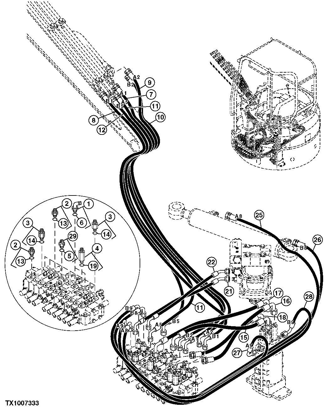 Схема запчастей John Deere 7ZTS - 125 - MAIN LINES 3363 LINES, HOSES & FITTINGS