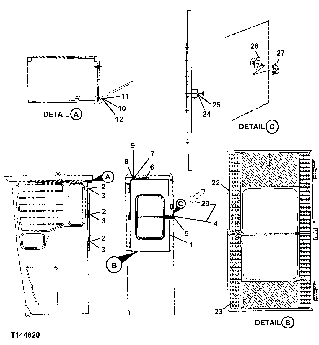 Схема запчастей John Deere 330LC, 370 - 74 - REAR ENTRY CAB DOOR 1810B Operator Enclosure (Rear Entry)