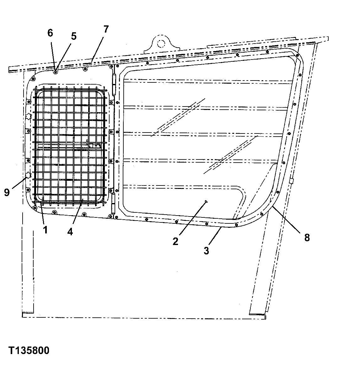 Схема запчастей John Deere 330LC, 370 - 97 - FORESTRY CAB RIGHT SIDE WINDOW 1810C Operator Enclosure (Forestry)