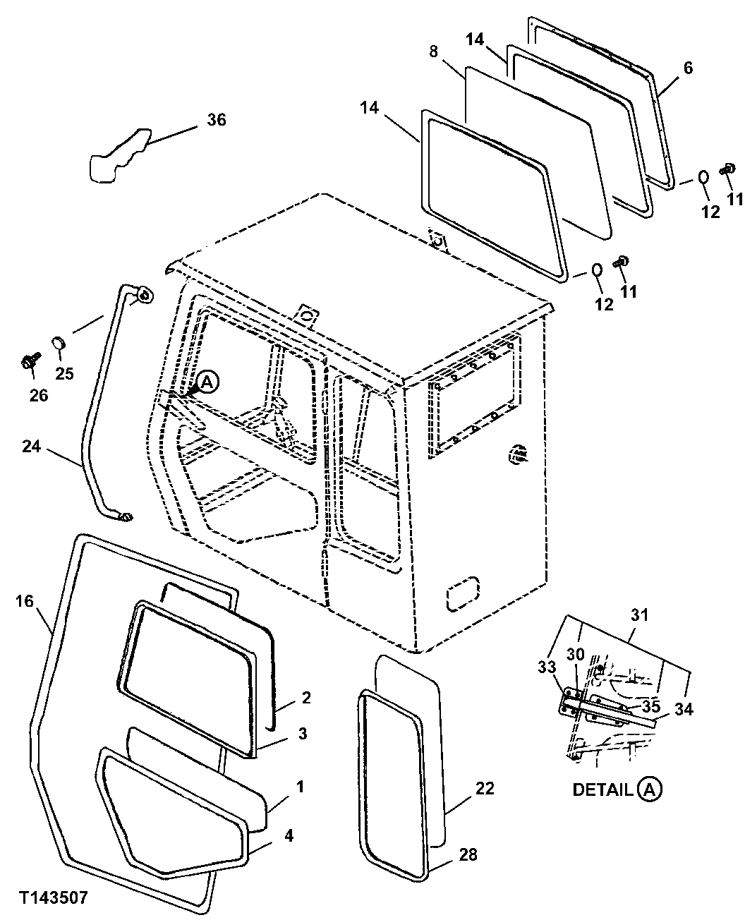 Схема запчастей John Deere 330LC, 370 - 118 - ROADBUILDER CAB WINDOWS 1810D Operator Enclosure (Roadbuilder)