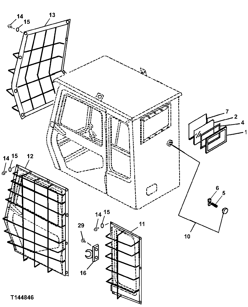 Схема запчастей John Deere 330LC, 370 - 120 - ROADBUILDER WINDOW GUARD AND SECONDARY EXIT 1810D Operator Enclosure (Roadbuilder)