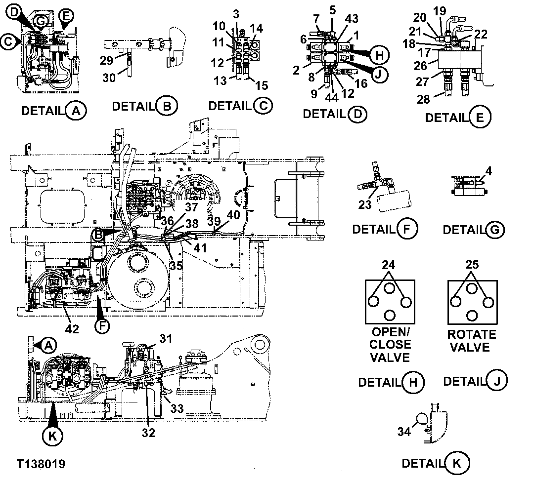 Схема запчастей John Deere 330LC, 370 - 171 - O/C AND ROTATE HEELER PILOT PIPING FOR REAR ENTRY CAB 3360B Hydraulic System (Rear Entry Cab)