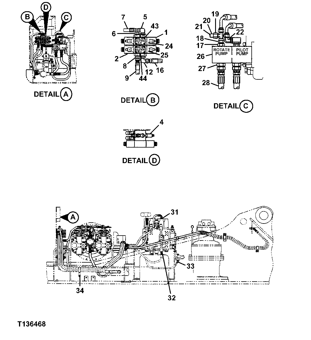 Схема запчастей John Deere 330LC, 370 - 180 - Forestry Cab Pilot Piping (O/C And Rotate Heeler) 3360C Hydraulic System (Forestry Cab)