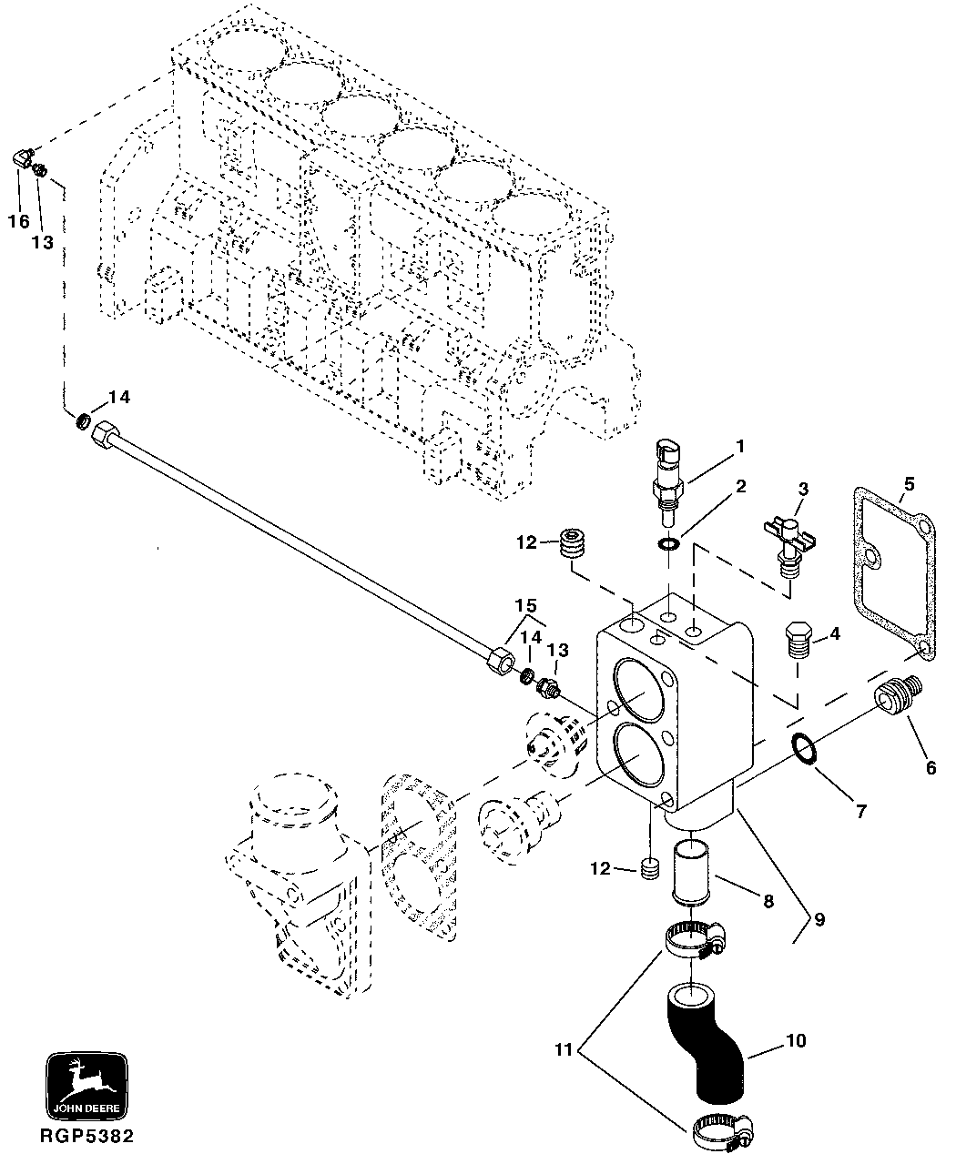 Схема запчастей John Deere 50CLC - 40 - 3902 THERMOSTAT HOUSING BY PASS TUBE TO WATER PUMP 0400 Engine 6125HT001-RG29624 6125HT001