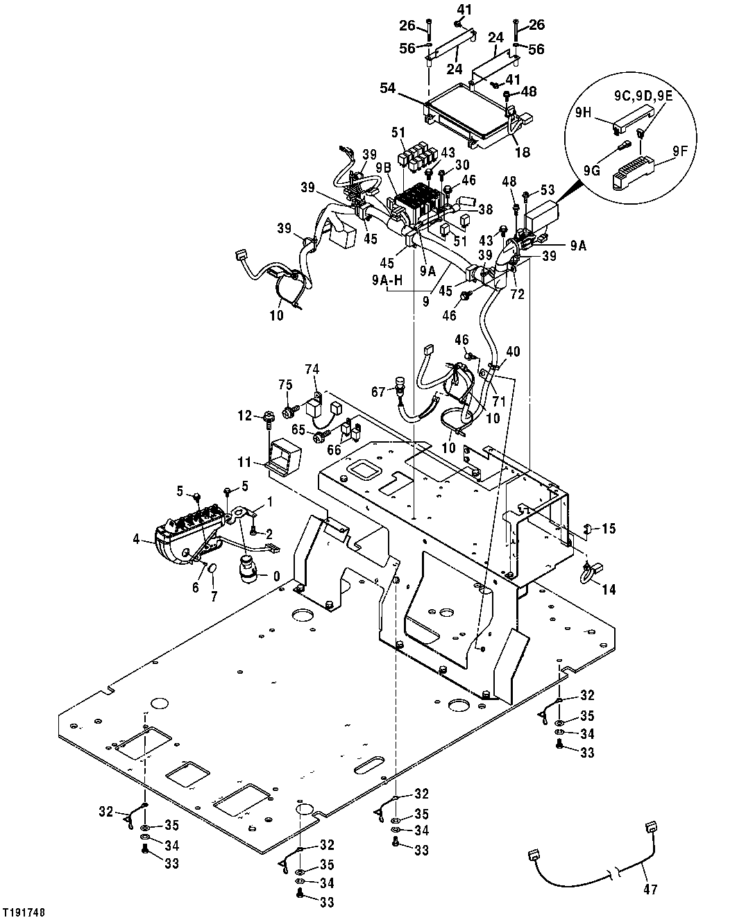 Схема запчастей John Deere 50CLC - 107 - ELECTRICAL COMPONENTS (CAB) 1674 WIRING HARNESS AND SWITCHES