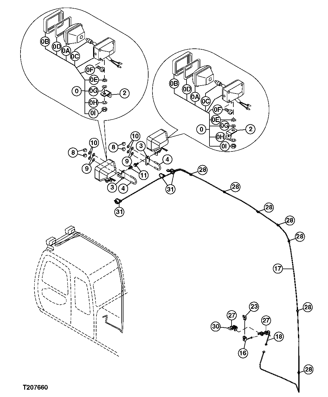 Схема запчастей John Deere 50CLC - 118 - FRONT CAB LIGHTING 1674 WIRING HARNESS AND SWITCHES