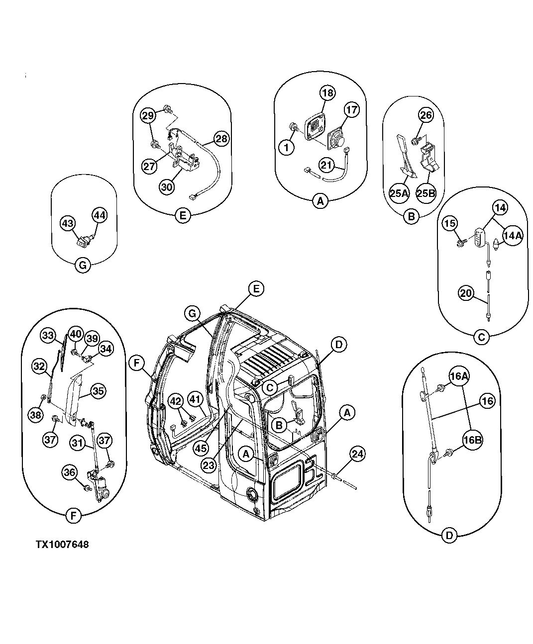 Схема запчастей John Deere 50CLC - 130 - CAB COMPONENTS (RADIO, WIPER) 1810 OPERATOR ENCLOSURE