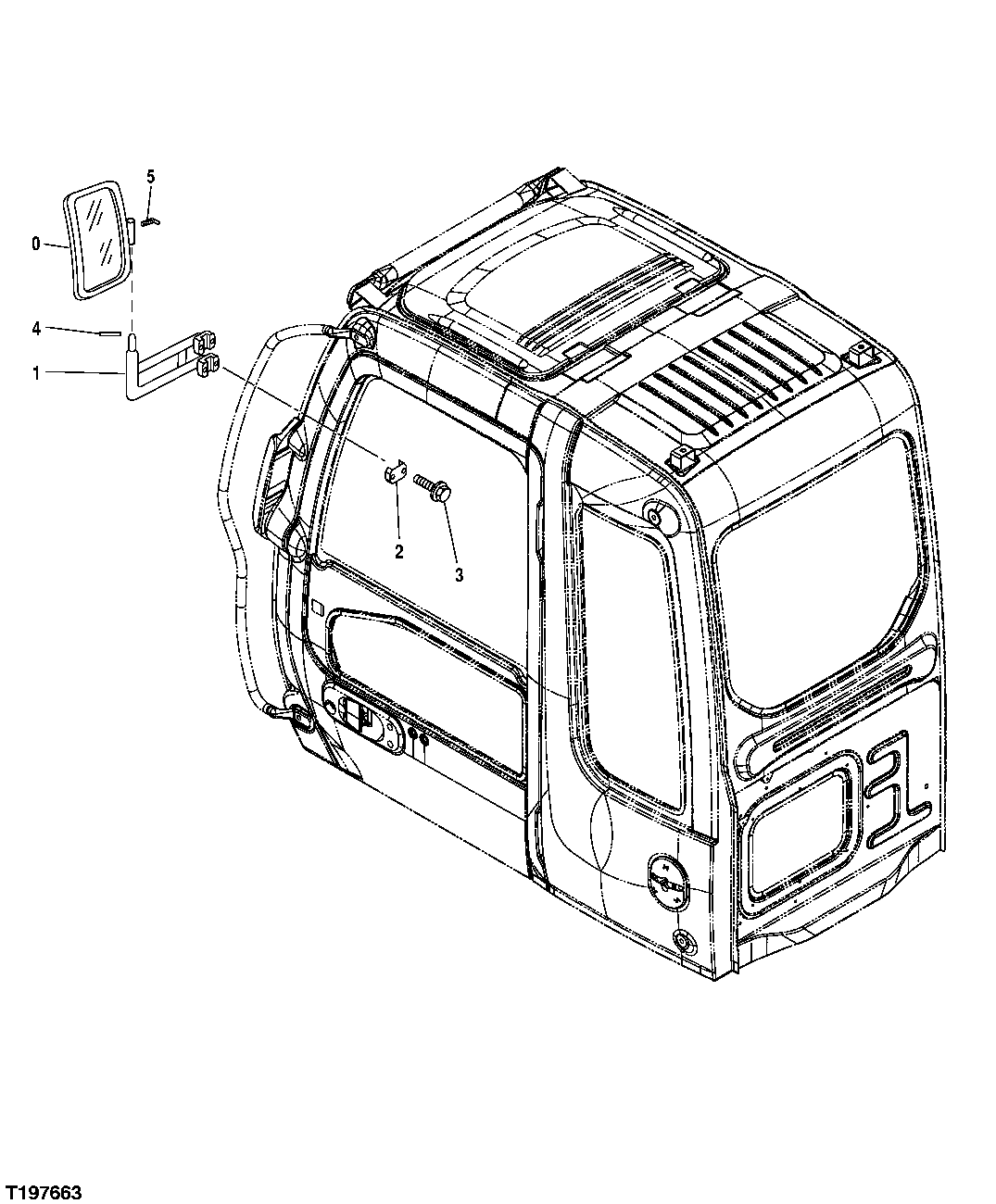 Схема запчастей John Deere 50CLC - 168 - LEFT REARVIEW MIRROR 1910 HOOD AND ENGINE ENCLOSURE