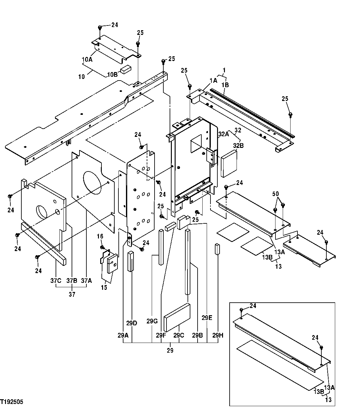 Схема запчастей John Deere 50CLC - 172 - SHEET METAL (SUPPORTS AND COVERS) 1910 HOOD AND ENGINE ENCLOSURE