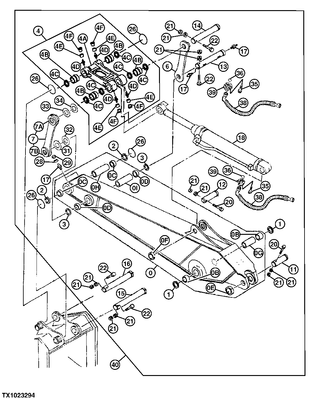 Схема запчастей John Deere 50CLC - 233 - SHORT ARM AND BULK EXCAVATING ARM ASSEMBLY (2.9M/9 FT 6 IN) 3340 EXCAVATOR FRAMES