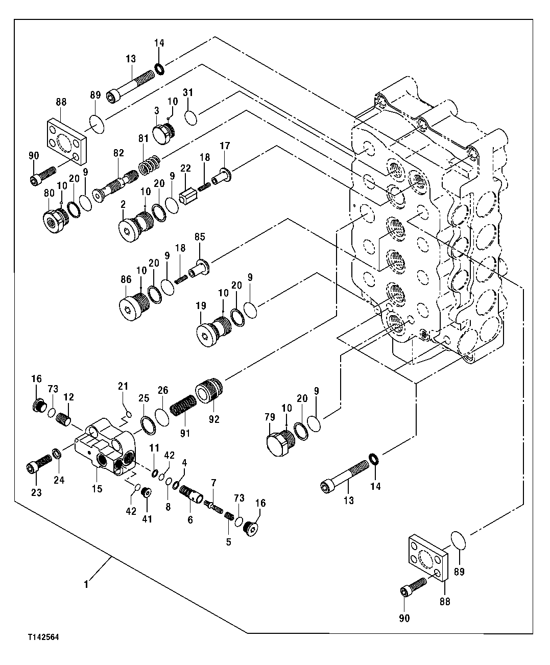 Схема запчастей John Deere 50CLC - 254 - MAIN HYDRAULIC CONTROL VALVE (4-SPOOL SIDE) 3360 HYDRAULIC SYSTEM