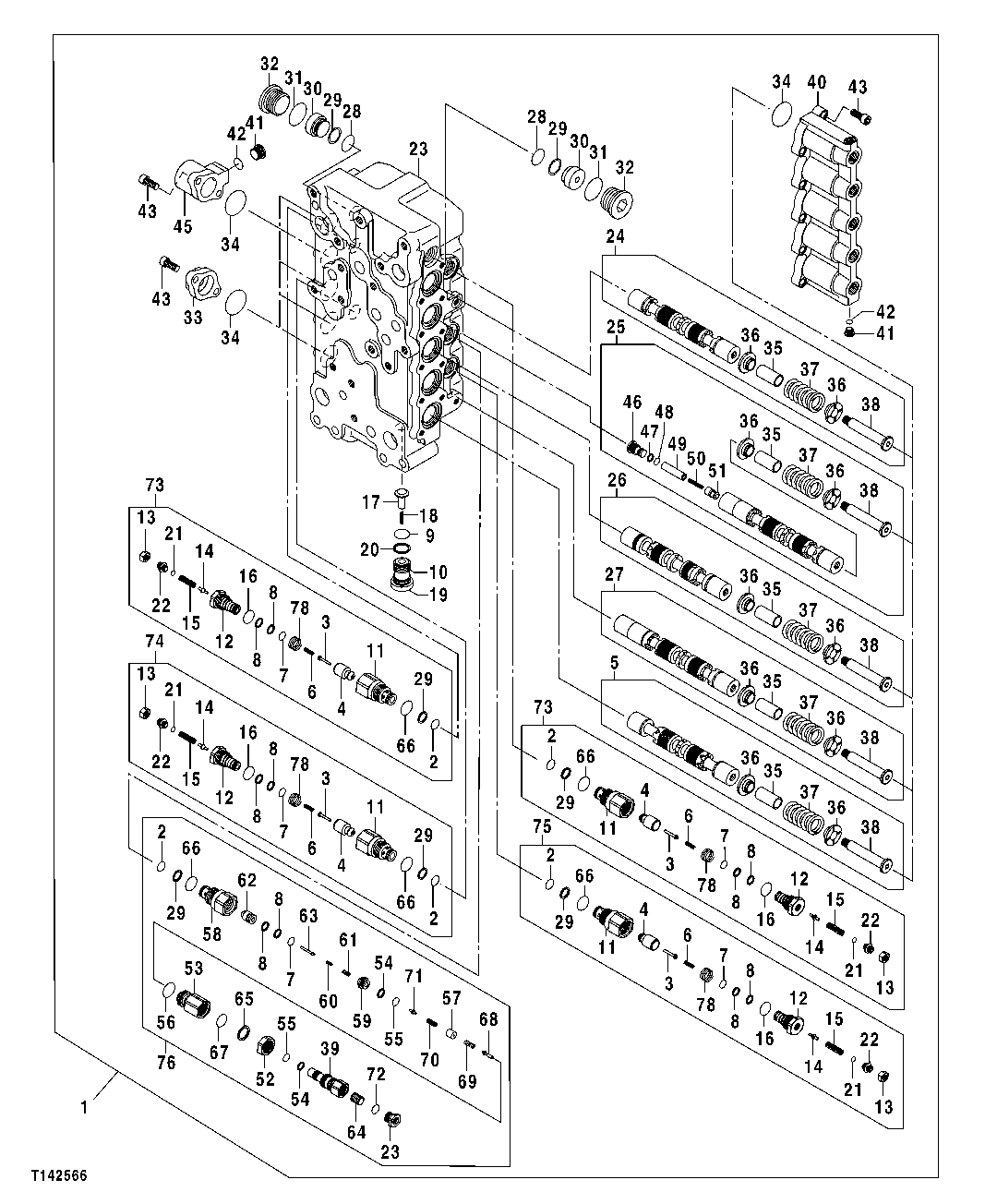 Схема запчастей John Deere 50CLC - 256 - MAIN HYDRAULIC CONTROL VALVE (5-SPOOL SIDE) 3360 HYDRAULIC SYSTEM