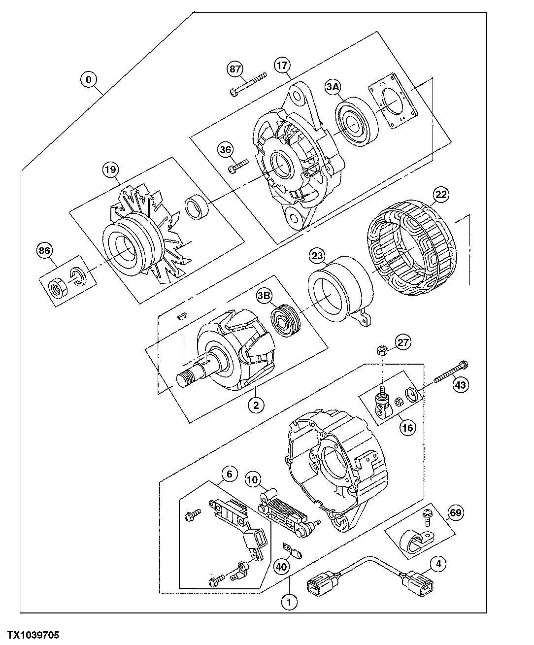 Схема запчастей John Deere 00C LC - 46 - ALTERNATOR COMPONENTS 0423 ALTERNATOR AND GENERATOR MOUNTING