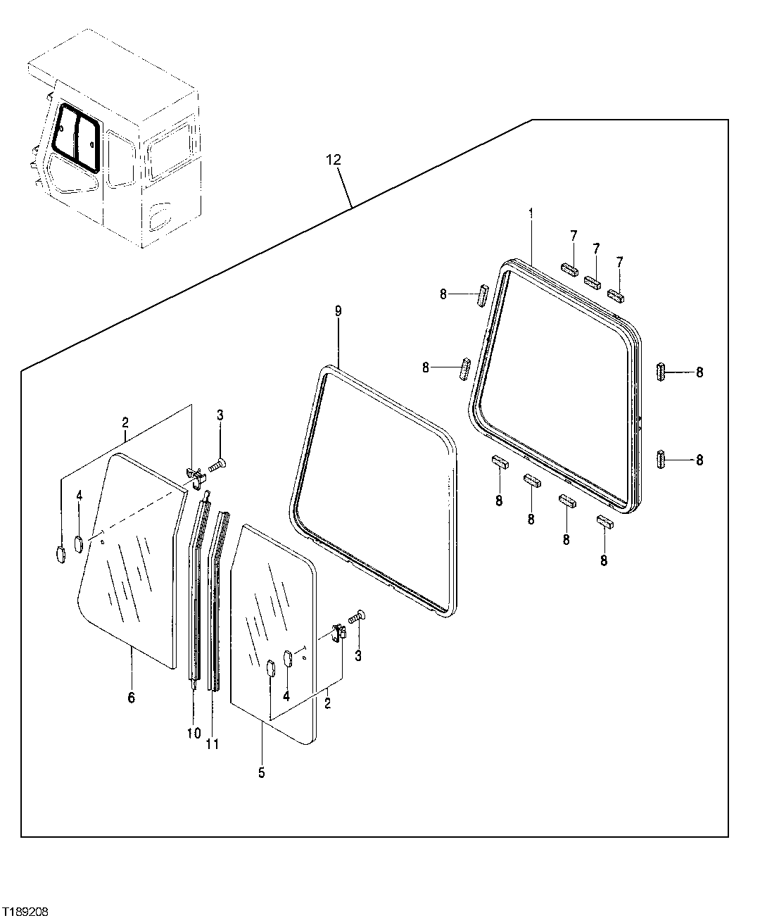 Схема запчастей John Deere 00C LC - 109 - CAB DOOR WINDOW COMPONENTS (CAB WITH INTEGRATED HEADGUARD) 1810 OPERATOR ENCLOSURE