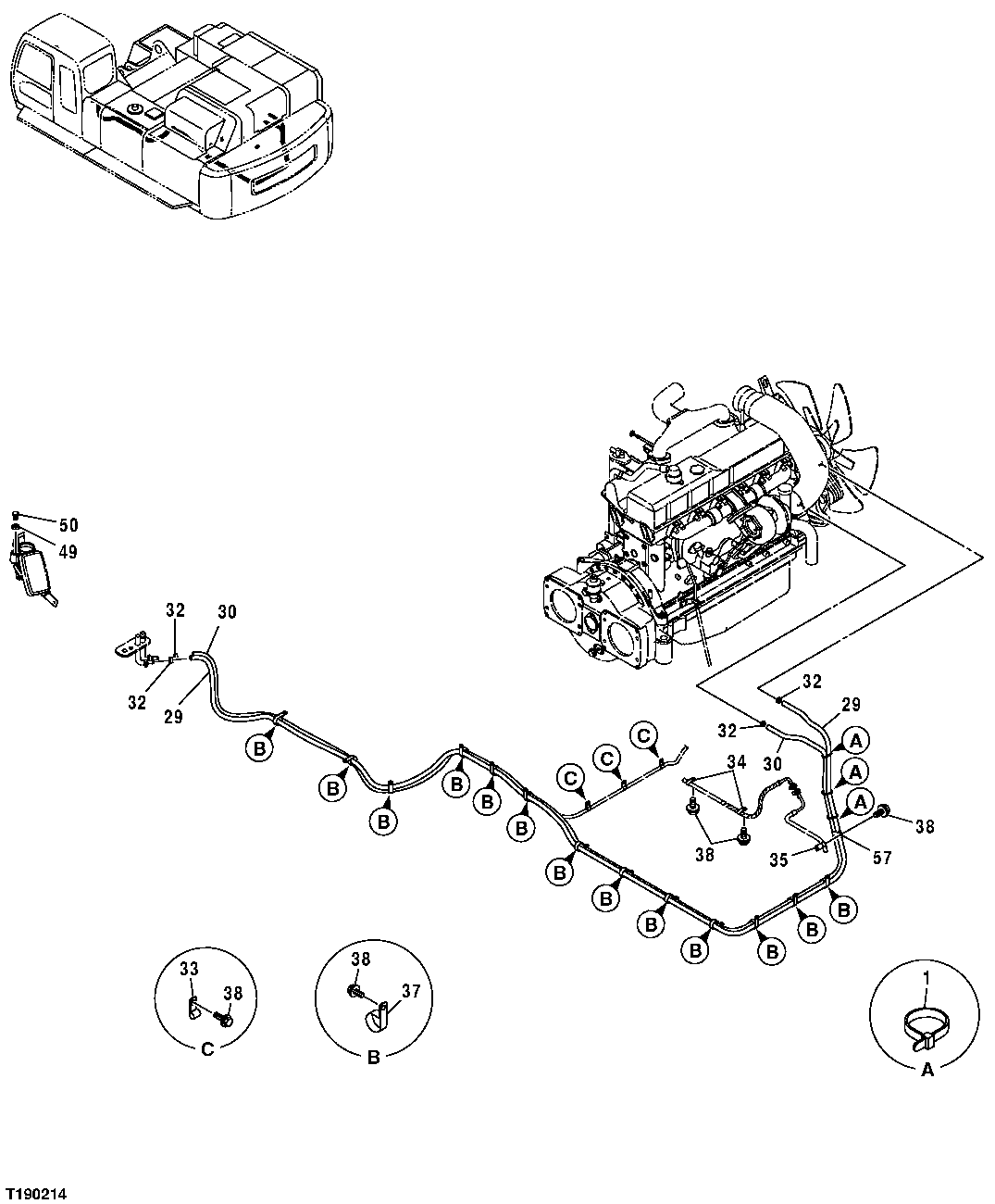 Схема запчастей John Deere 00C LC - 125 - HEATER UNIT TO ENGINE HOSES 1830 HEATING AND AIR CONDITIONING