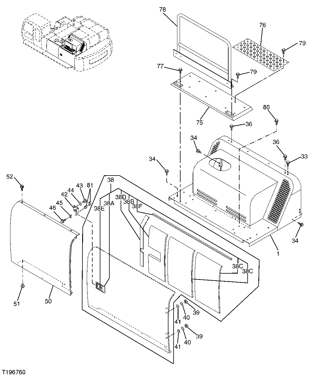 Схема запчастей John Deere 00C LC - 129 - Cover (2-Bolt Pattern Hydraulic Pump Door) 1910 HOOD OR ENGINE ENCLOSURE