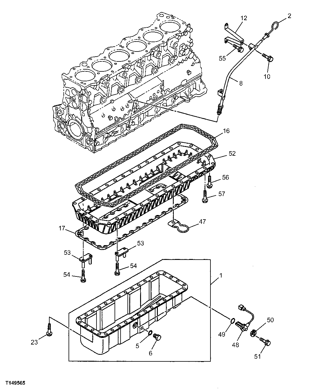 Схема запчастей John Deere 00C - 23 - OIL PAN AND DIPSTICK 0407 ENGINE OILING SYSTEM