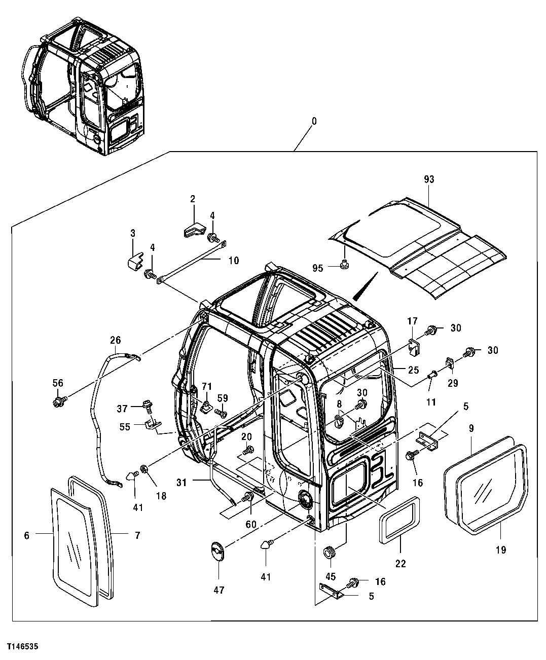 Схема запчастей John Deere 00C - 163 - CAB COMPONENTS (CAB ROOF, CAB WINDOWS AND HANDRAILS) 1810 OPERATOR ENCLOSURE