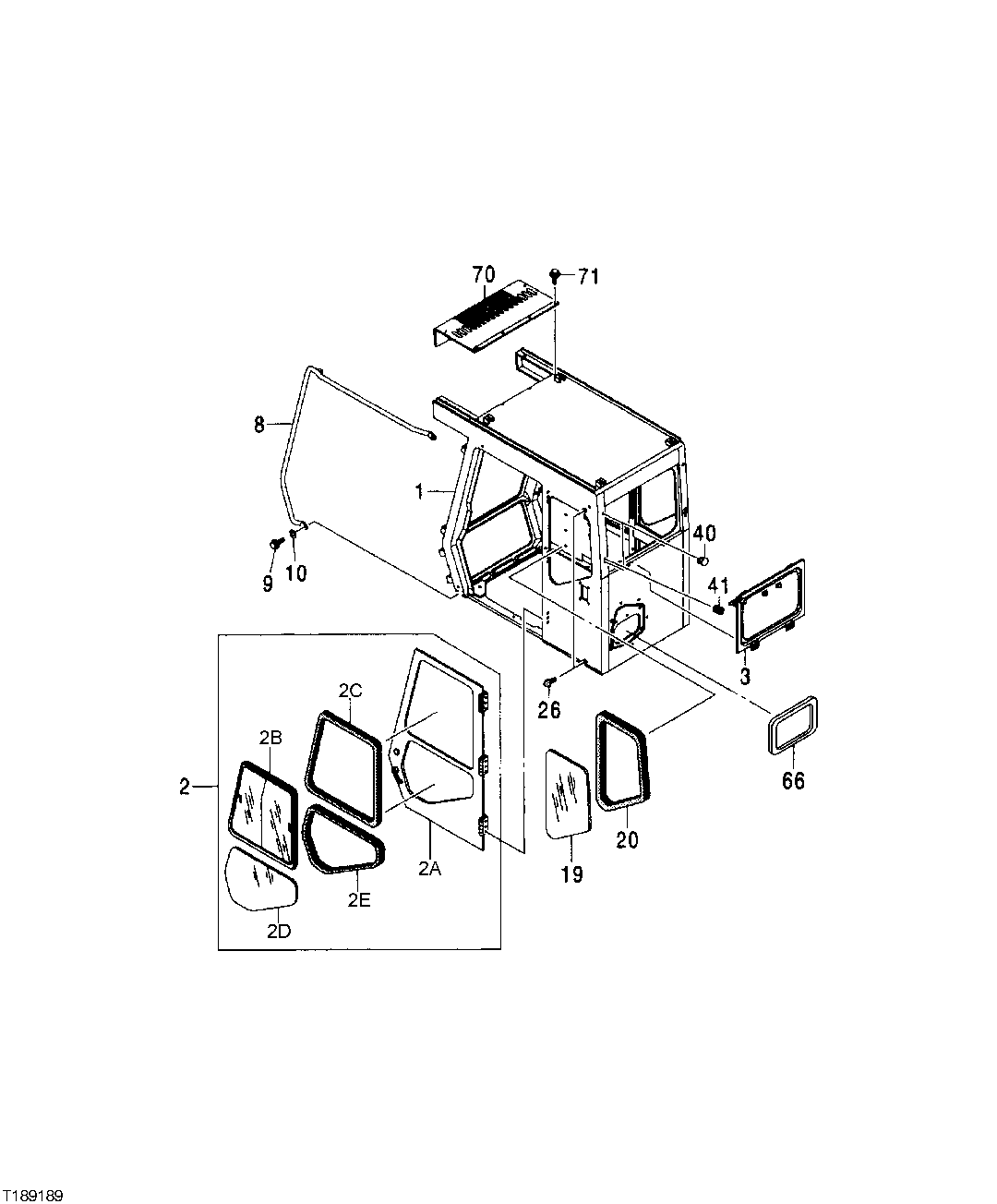 Схема запчастей John Deere 00C - 178 - CAB WITH INTEGRATED HEADGUARD DOOR AND REAR WINDOW 1810 OPERATOR ENCLOSURE