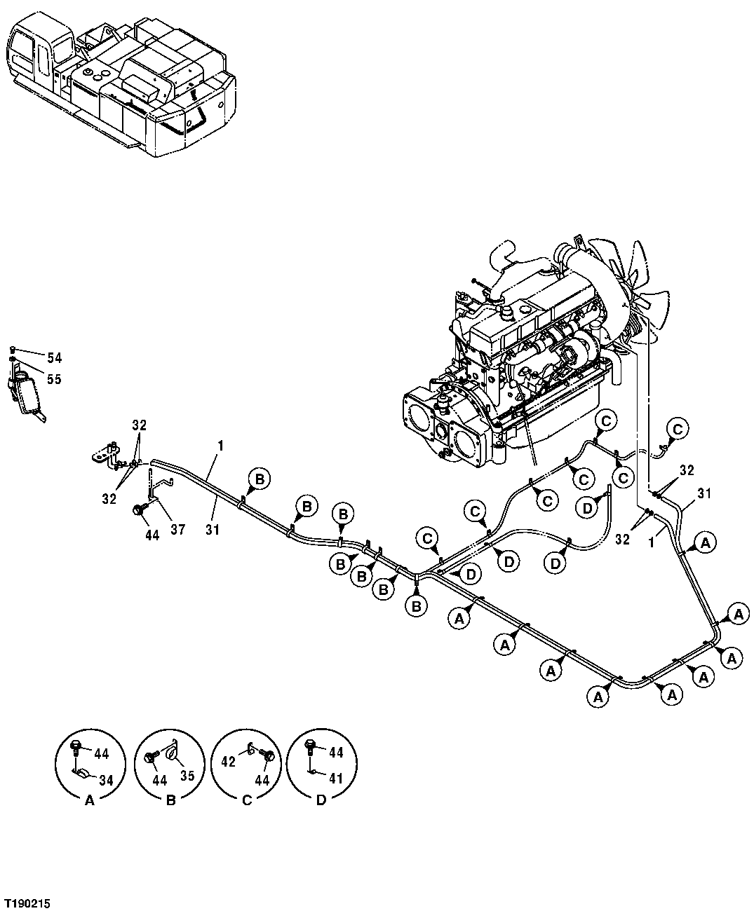 Схема запчастей John Deere 00C - 197 - HEATER UNIT TO ENGINE HOSES 1830 HEATING AND AIR CONDITIONING