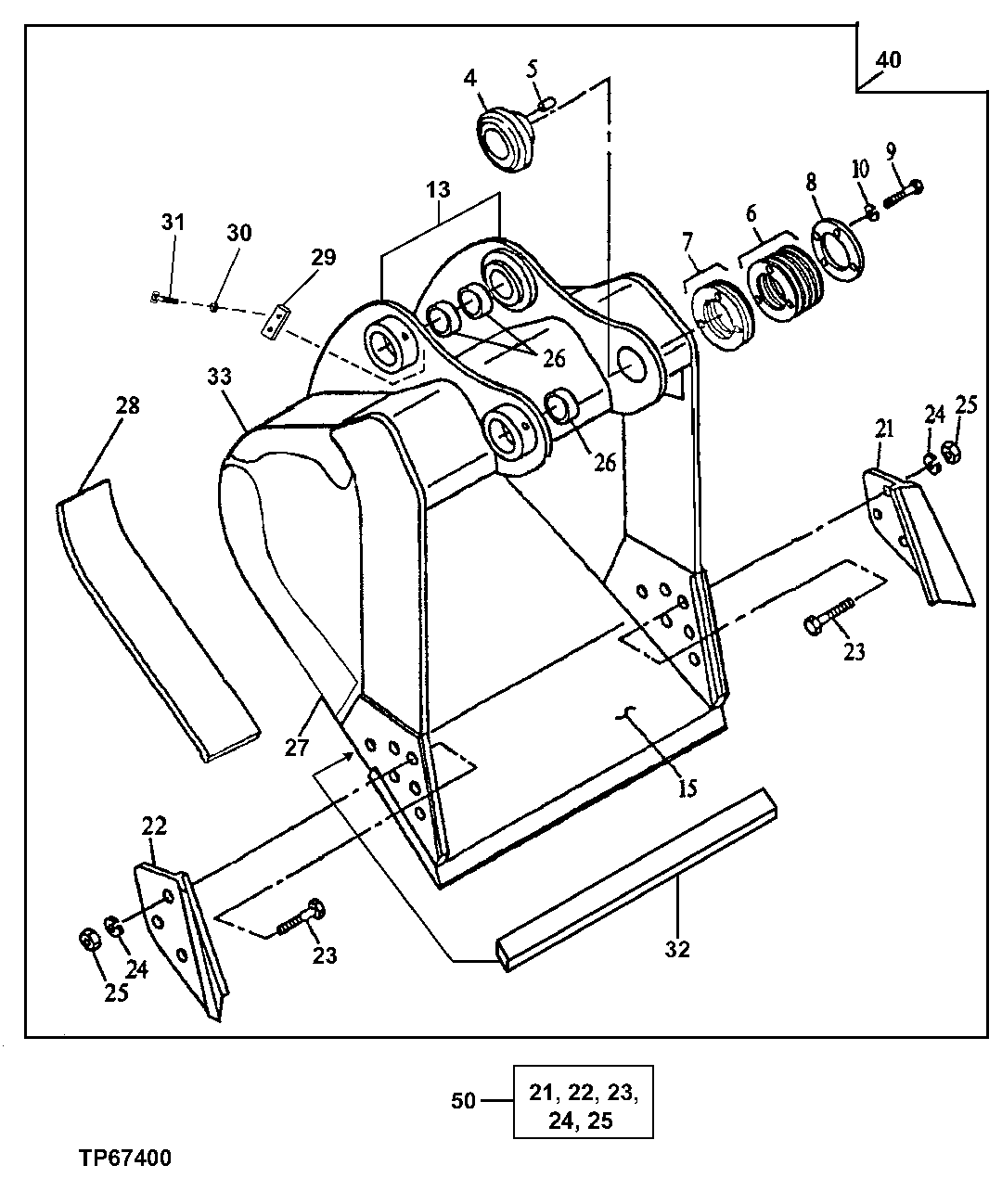 Схема запчастей John Deere 00C - 232 - EXTREME DUTY BUCKET (USE WITH 1110" AND 145" ARM) (SEE FOOTNOTE) (CONTINUED) 3302 BUCKET WITH TEETH