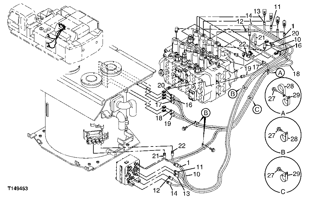 Схема запчастей John Deere 00C - 308 - PILOT HYDRAULIC LINES 3363 LINES, HOSES AND FITTINGS