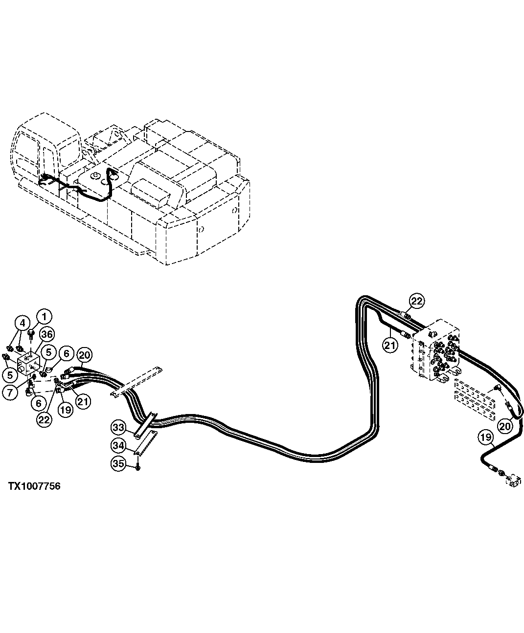 Схема запчастей John Deere 00C - 311 - PILOT HYDRAULIC LINES 3363 LINES, HOSES AND FITTINGS