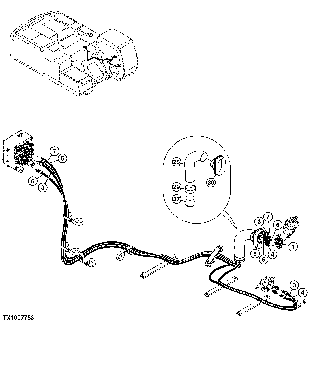 Схема запчастей John Deere 00C - 313 - PILOT HYDRAULIC LINES (LEFT PILOT CONTROLLER) 3363 LINES, HOSES AND FITTINGS