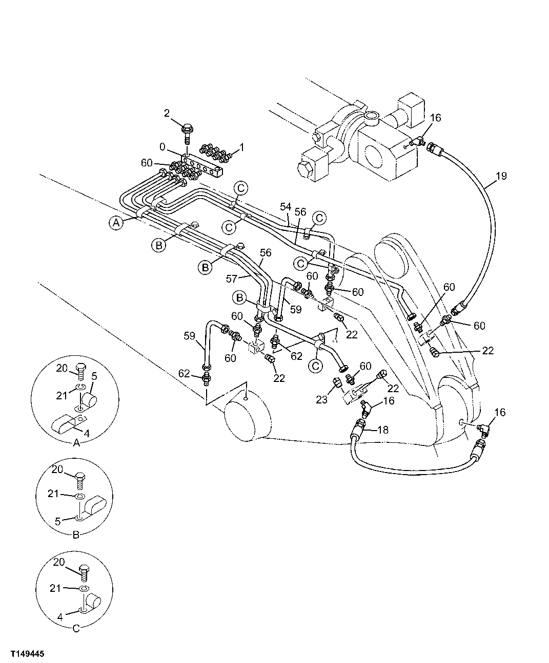 Схема запчастей John Deere 00C - 322 - LUBRICATION LINES (MASS EXCAVATING ARM) 3363 LINES, HOSES AND FITTINGS