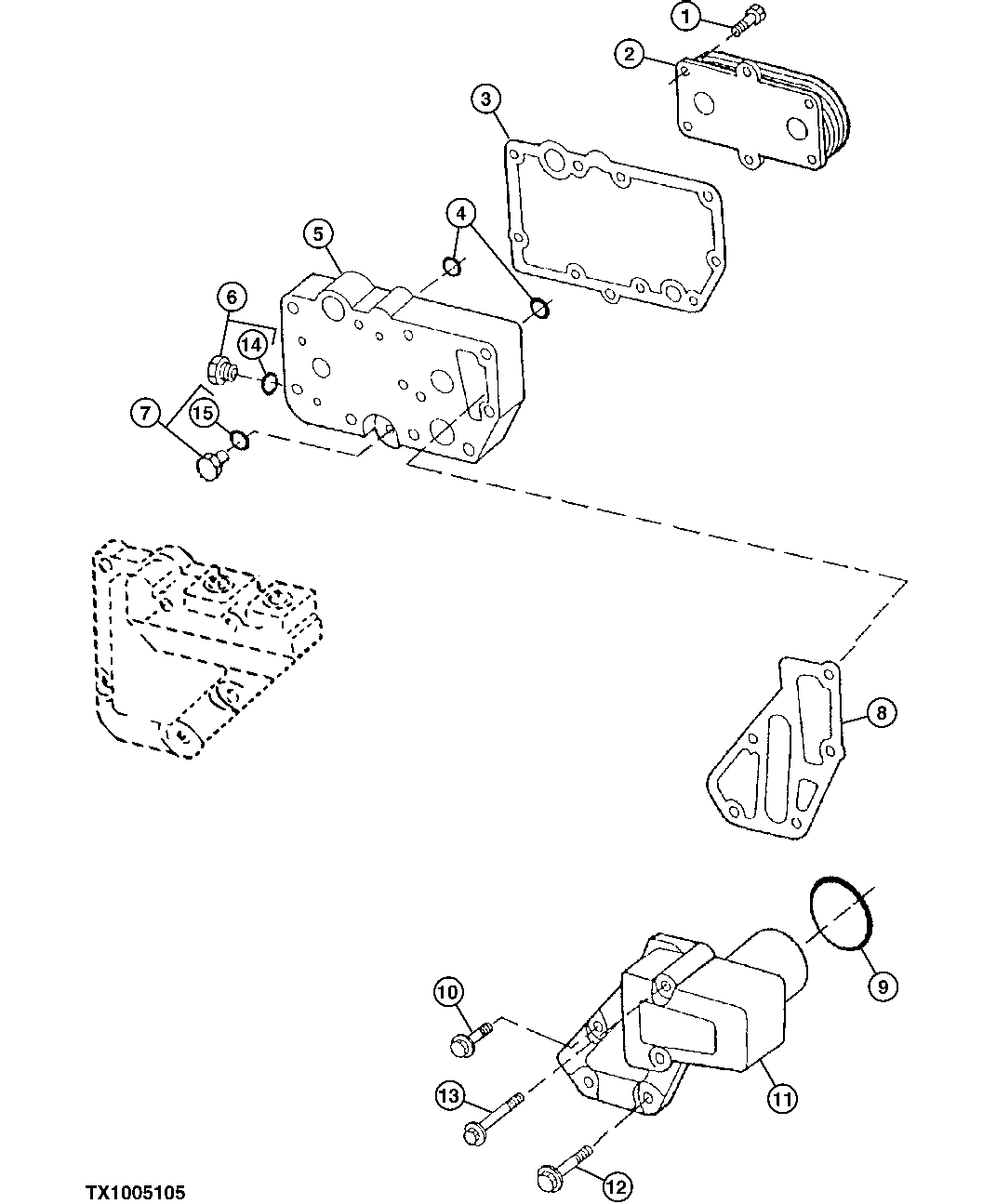 Схема запчастей John Deere 00CLC - 57 - 5902 ENGINE OIL COOLER WITH ADAPTER 0400A Engine 6068HT053 6068HT053