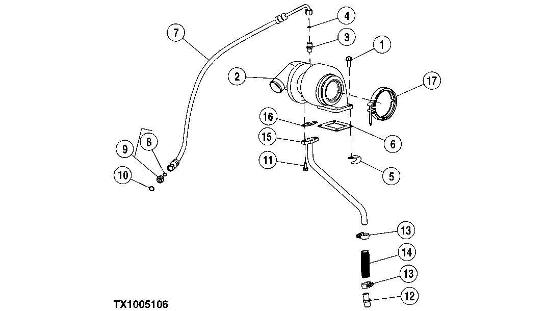 Схема запчастей John Deere 00CLC - 58 - 6548 TURBOCHARGER AND OIL LINES 0400A Engine 6068HT053 6068HT053