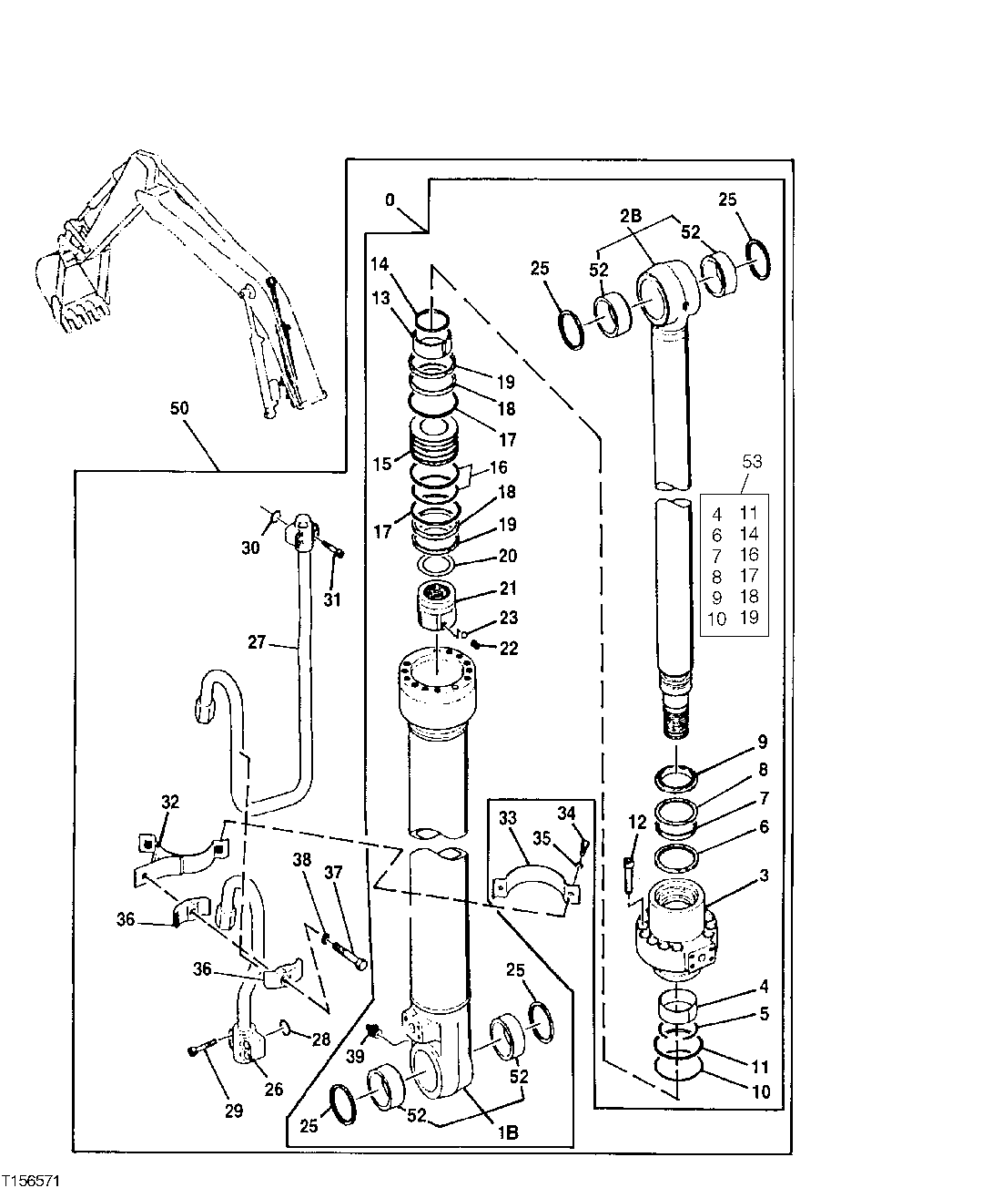 Схема запчастей John Deere 00CLC - 370 - Right Boom Cylinder, Long Boom 3365 Hydraulic Cylinders