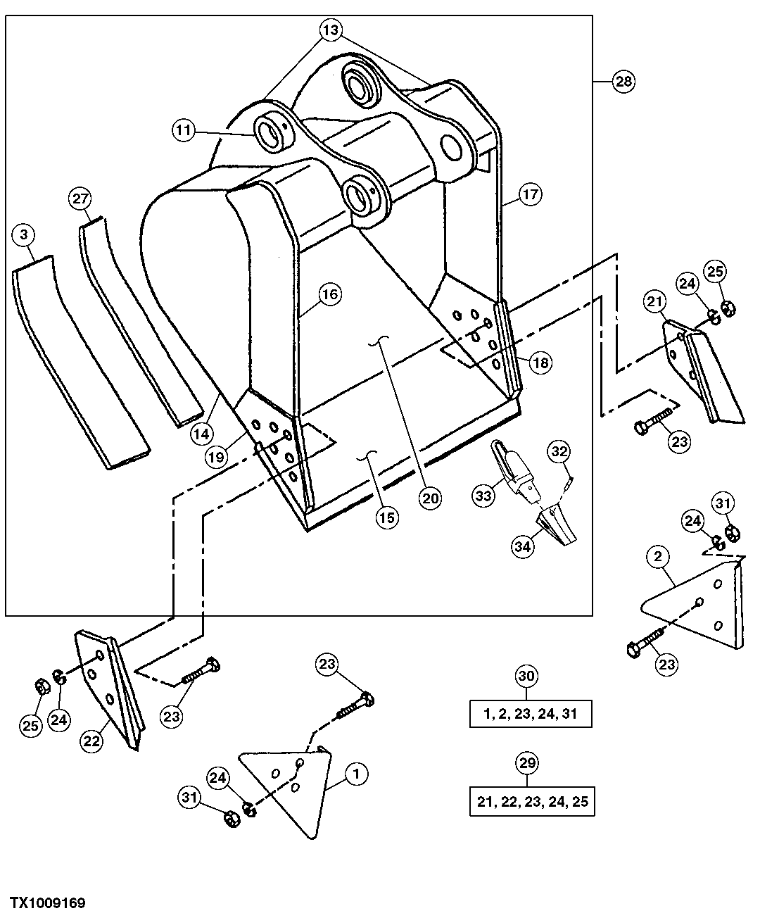 Схема запчастей John Deere 30CLC - 178 - HEAVY DUTY HIGH CAPACITY BUCKET (SEE FOOTNOTE) 3302 BUCKET WITH TEETH