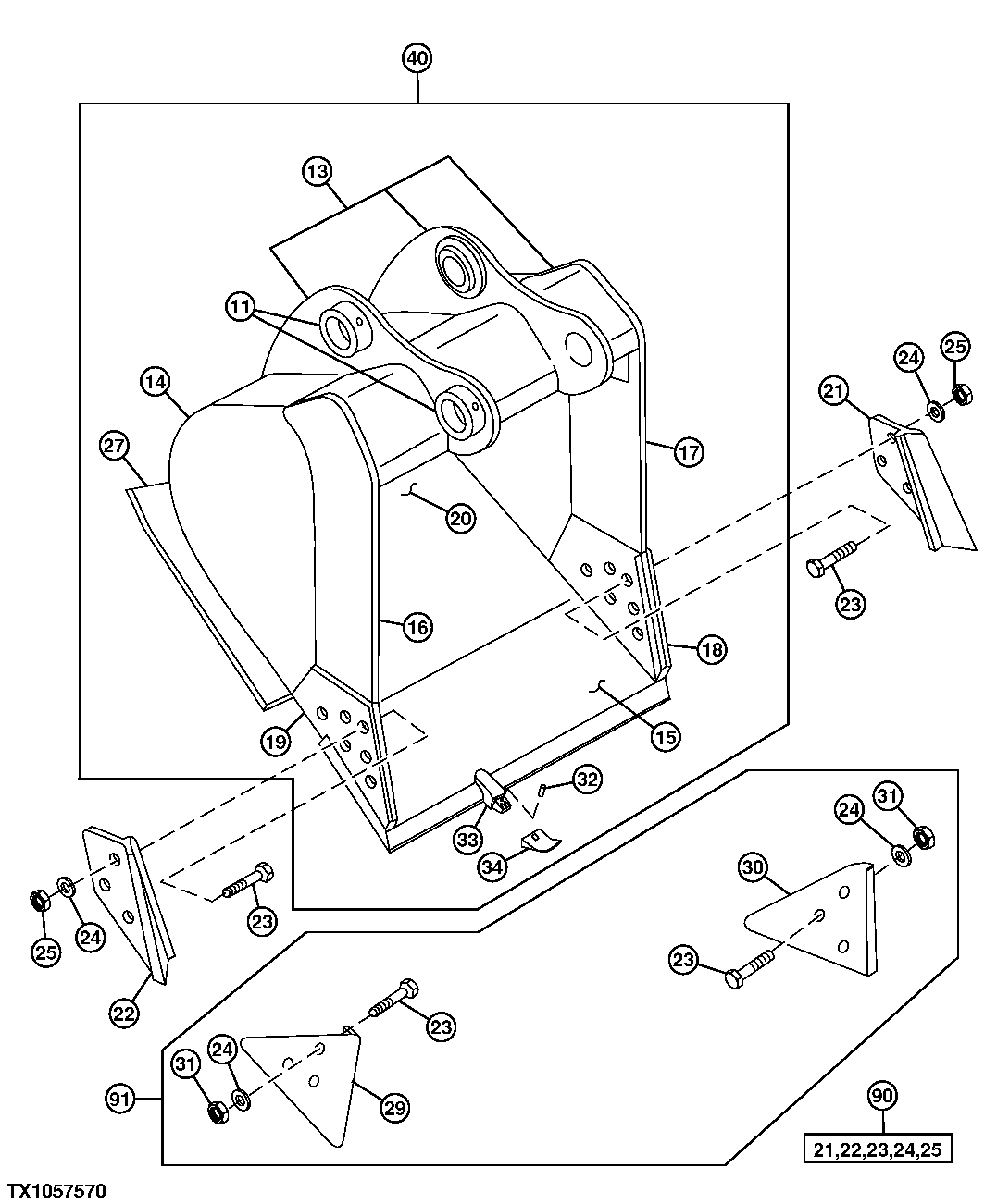 Схема запчастей John Deere 30CLC - 182 - SEVERE DUTY PLATE LIP BUCKET (SEE FOOTNOTE) 3302 BUCKET WITH TEETH