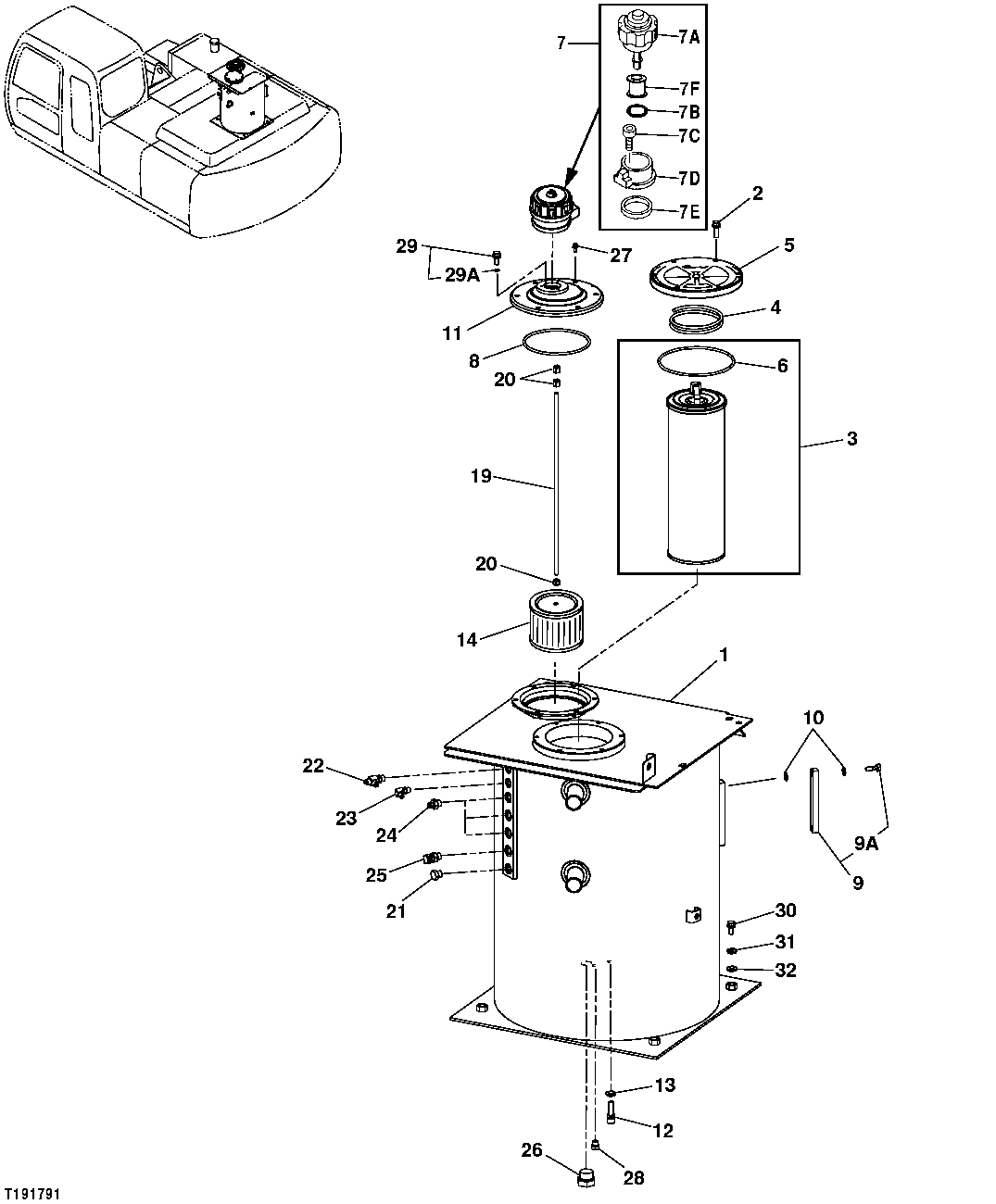 Схема запчастей John Deere 30CLC - 312 - HYDRAULIC OIL RESERVOIR, FILTERS, AND SENSOR 3364 Hydraulic Reservoir
