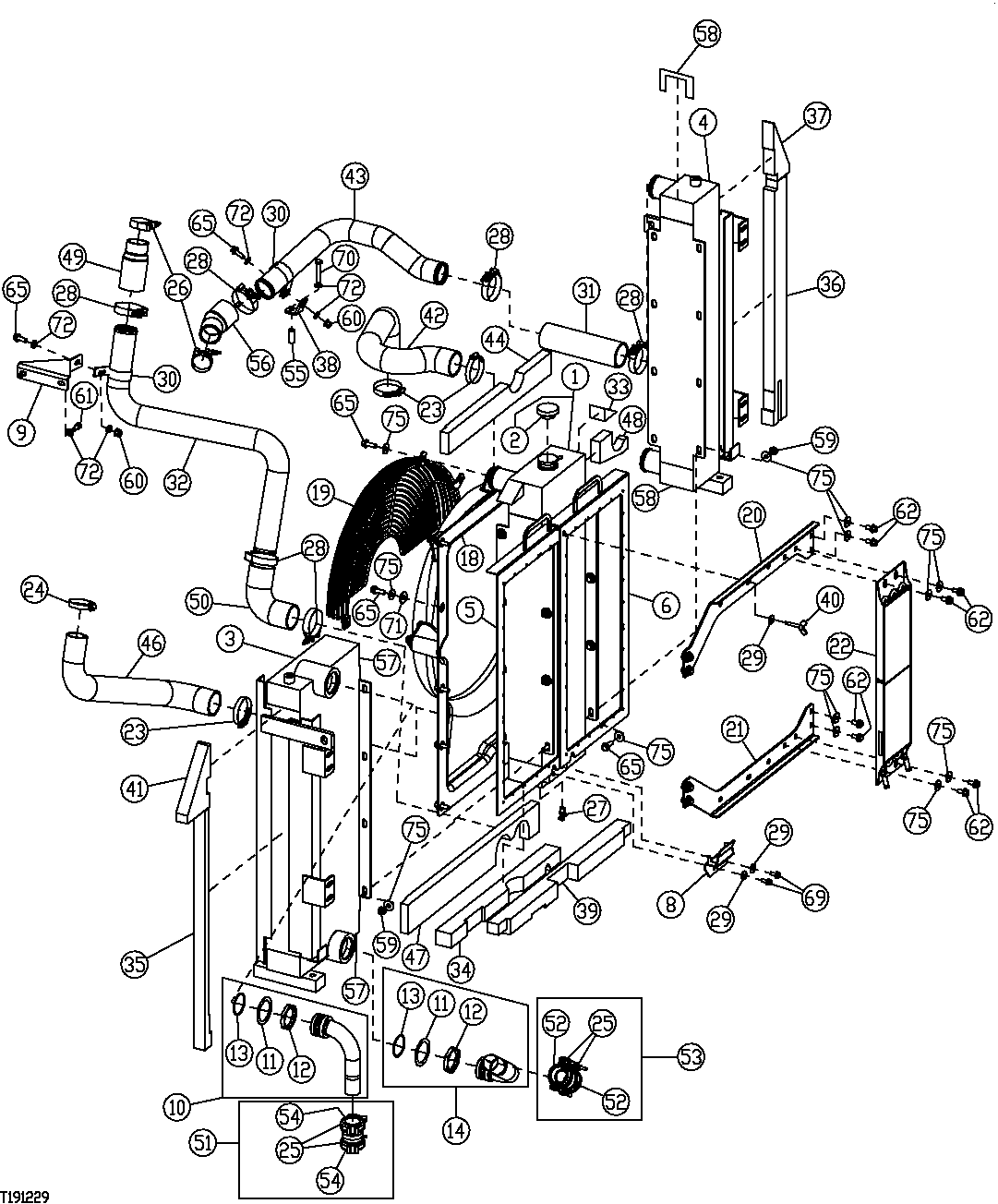 Схема запчастей John Deere 20C - 71 - RADIATOR, FUEL AND OIL COOLERS, CHARGE AIR COOLERS 0510 ENGINE COOLING SYSTEMS