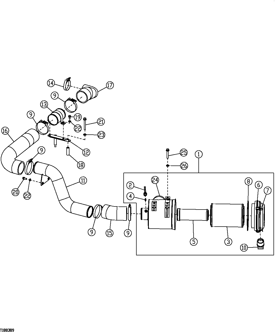 Схема запчастей John Deere 20C - 73 - AIR CLEANER, RESTRICTION SENSOR, AND HOSES TO TURBOCHARGER 0520 INTAKE SYSTEM