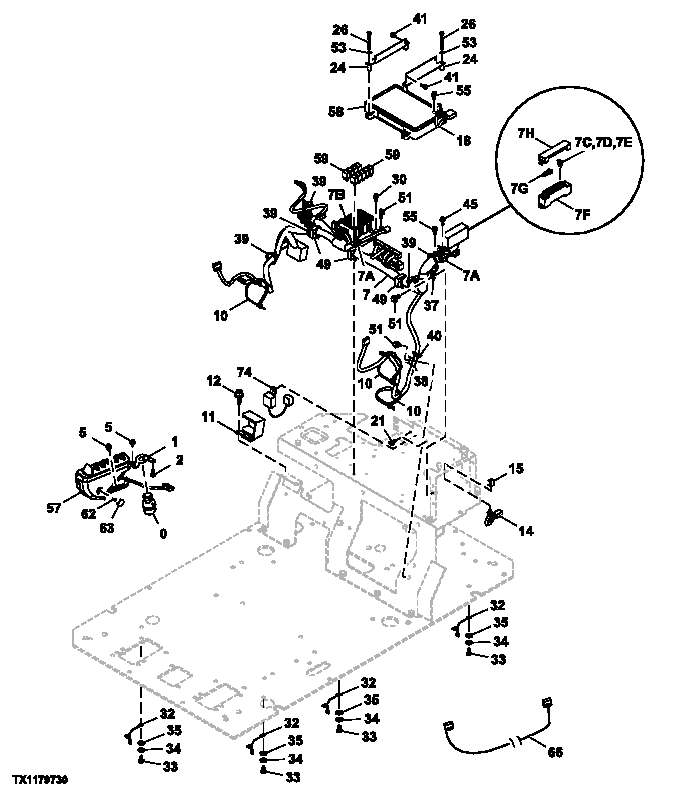 Схема запчастей John Deere 20C - 91 - CAB REAR ELECTRICAL COMPONENTS AND RIGHT CONTROL PANEL 1674 WIRING HARNESS & SWITCHES