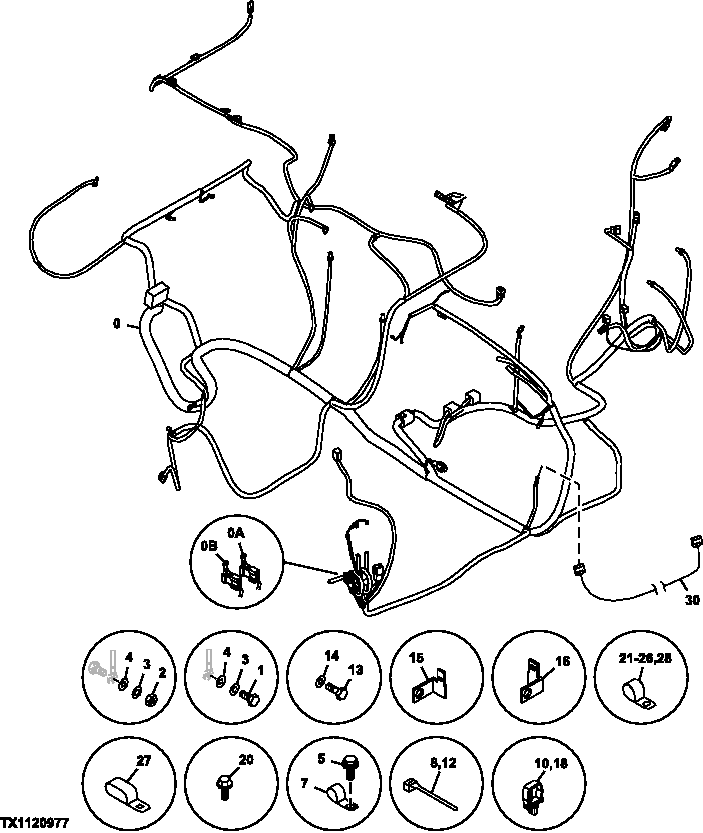 Схема запчастей John Deere 20C - 94 - VEHICLE MAIN WIRING HARNESS AND MOUNTING 1674 WIRING HARNESS & SWITCHES