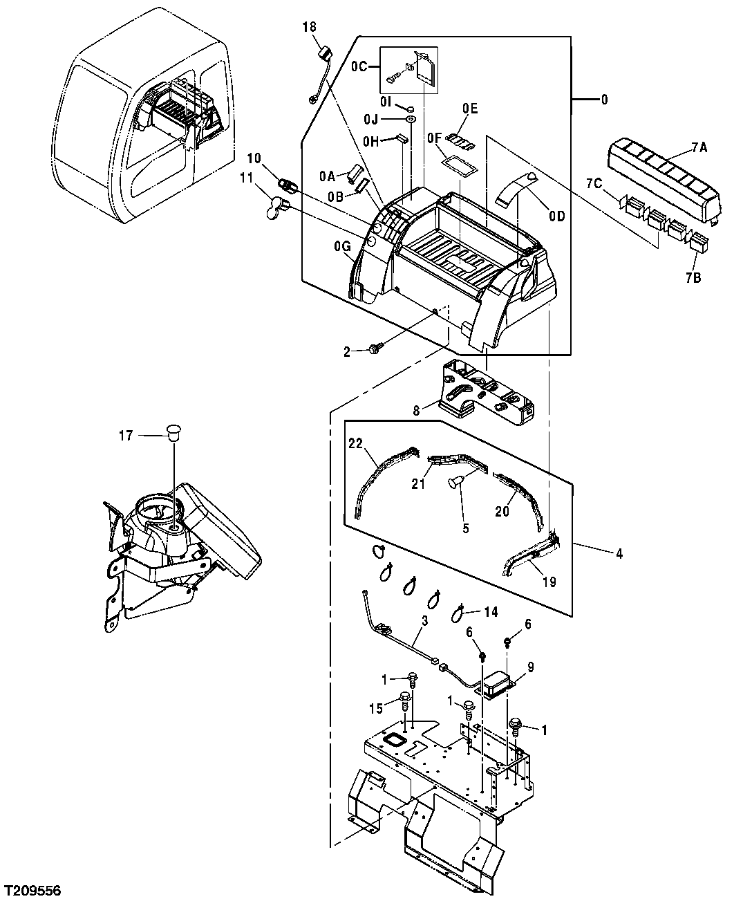 Схема запчастей John Deere 20C - 137 - CAB REAR CONSOLE COVER, POWER SUPPLY, AND AIR DIFFUSER 1830 HEATING AND AIR CONDITIONING