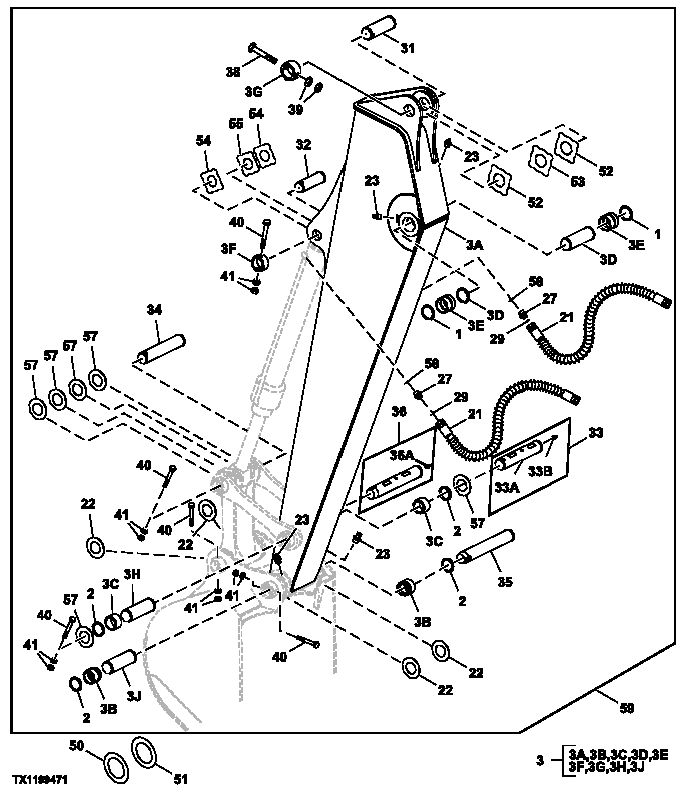 Схема запчастей John Deere 20C - 188 - ARM, PINS, AND BUCKET CYLINDER HOSES (LONG ARM, 3.01M) 3340 EXCAVATOR FRAMES