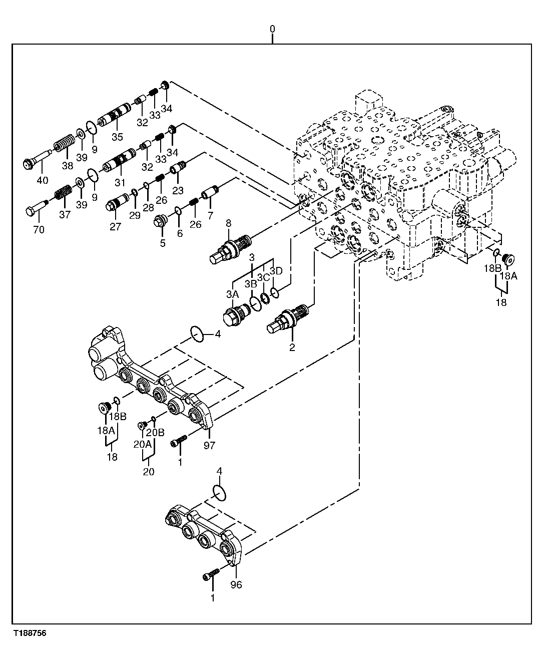 Схема запчастей John Deere 20C - 211 - CONTROL VALVE COMPONENTS (BOTTOM) 3362 CONTROL & LOAD HOLDING VALVES