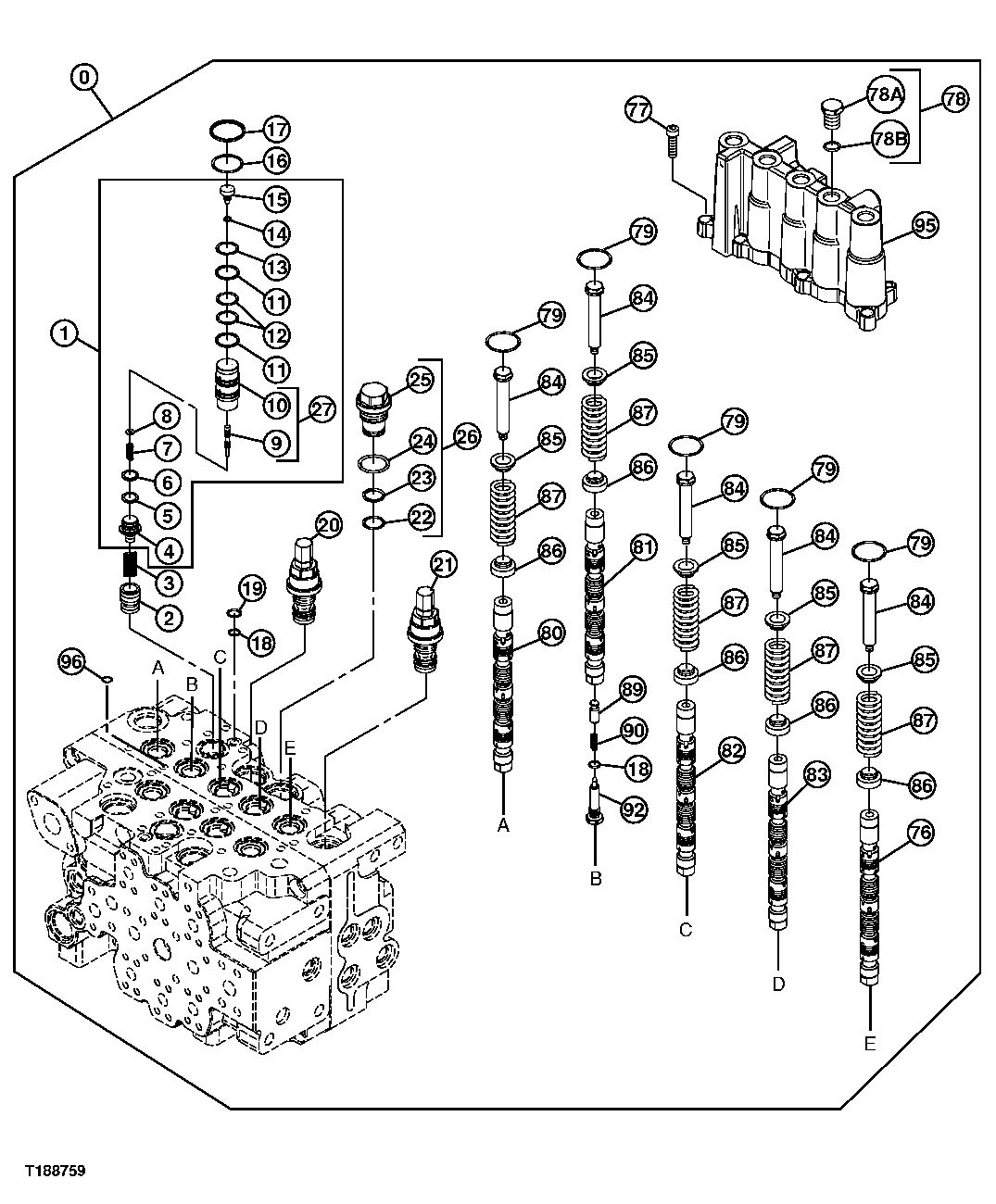 Схема запчастей John Deere 20C - 212 - CONTROL VALVE COMPONENTS (TOP SPOOLS, 5-SPOOL SIDE) 3362 CONTROL & LOAD HOLDING VALVES