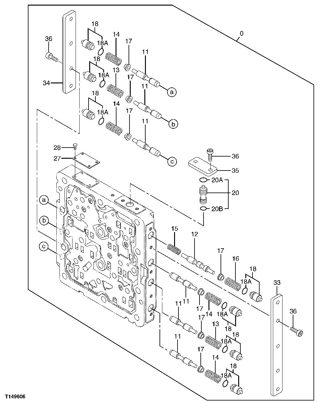 Схема запчастей John Deere 20C - 223 - PILOT SIGNAL MANIFOLD SPOOLS AND SPRINGS 3362 CONTROL & LOAD HOLDING VALVES