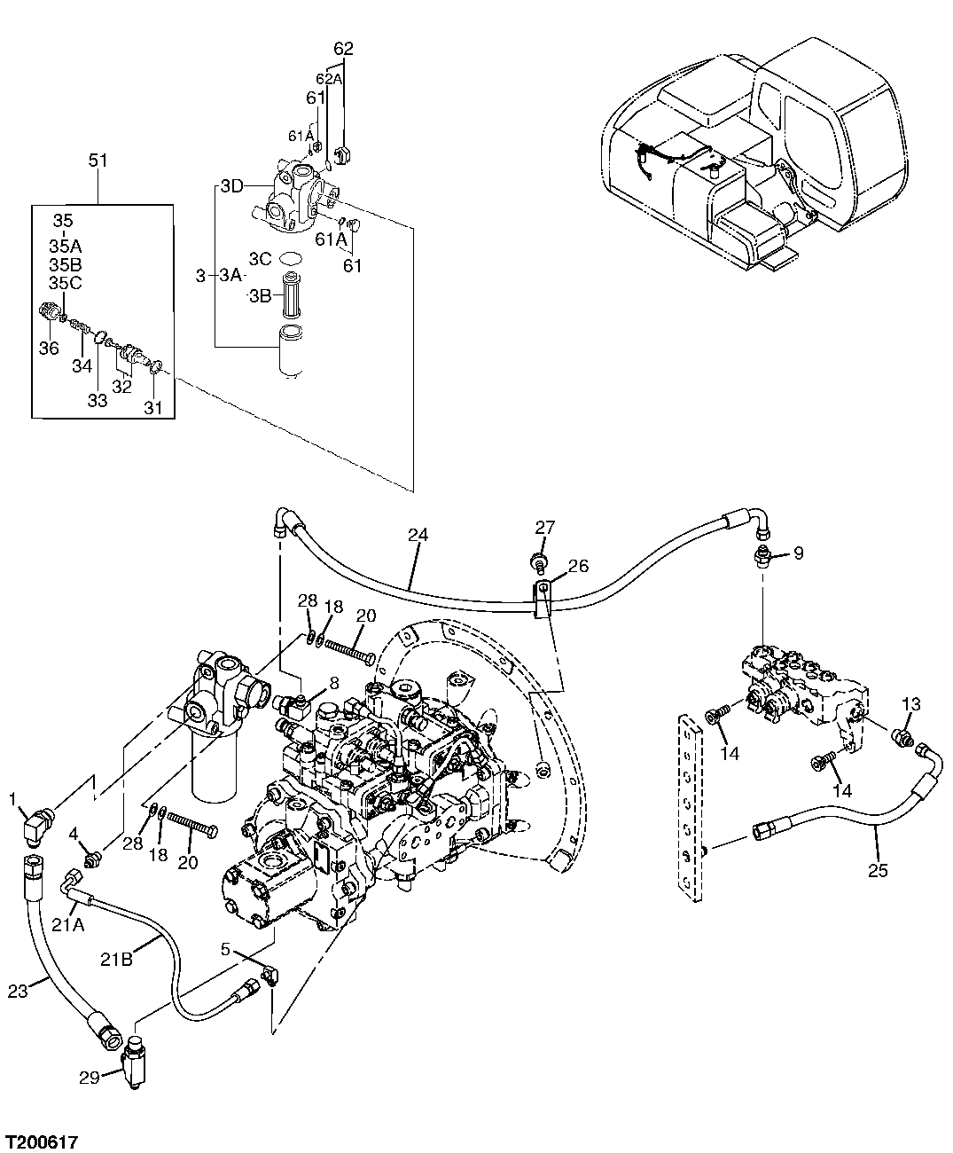 Схема запчастей John Deere 20C - 235 - PILOT PIPING 3363 LINES, HOSES & FITTINGS