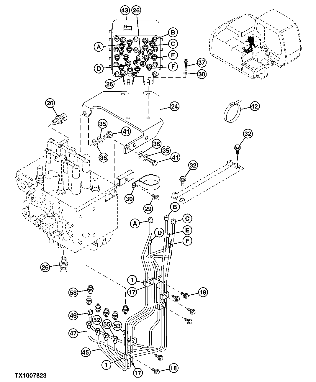 Схема запчастей John Deere 20C - 243 - PILOT LINES (BOTTOM OF CONTROL VALVE TO SIGNAL MANIFOLD) 3363 LINES, HOSES & FITTINGS