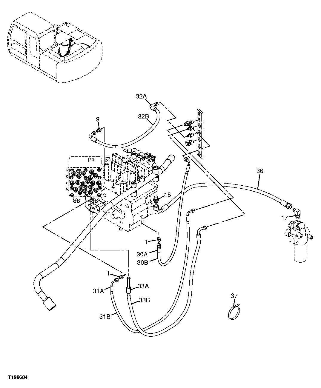 Схема запчастей John Deere 20C - 245 - PILOT HOSES (RESERVOIR TO SIGNAL MANIFOLD, CONTROL VALVE) 3363 LINES, HOSES & FITTINGS