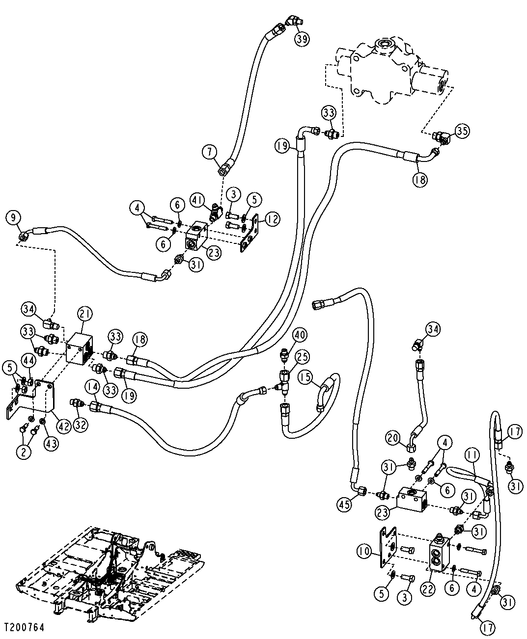 Схема запчастей John Deere 20C - 256 - BLADE PILOT HOSES, BLADE VALVE HOSES, SHUTTLE VALVES AND PILOT VALVES 3363 LINES, HOSES & FITTINGS